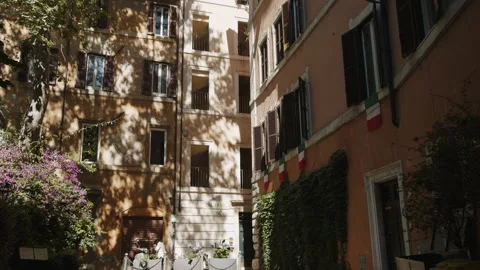 Buildings with flags on the windows during the lockdown Stock Footage 133464859