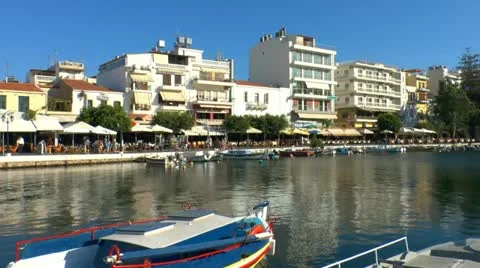 Buildings near Voulismeni lake before sunset, Agios Nikolaos, Crete Stock Footage