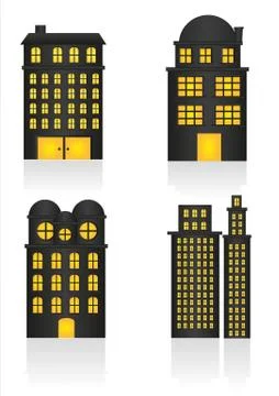 Buildings at night, isolated on white background, vector illustration Ilustración de archivo