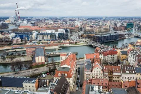 Buildings over Oder river seen from tower of St Elisabeth Church, Wroclaw Stock Photos