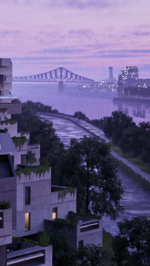 Buildings overlook a quiet waterfront with trees lining the path Stock Footage 340632913