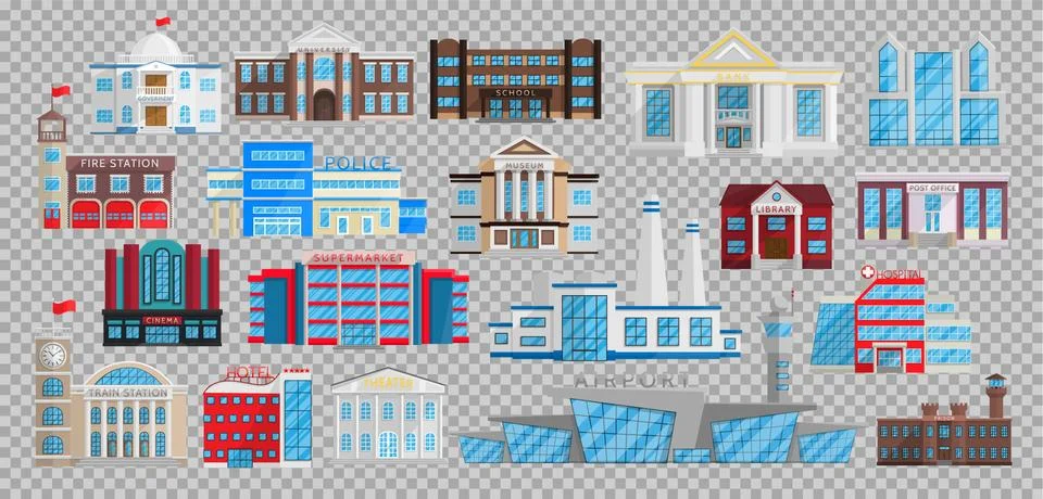 Buildings set isolated in Flat style vector. Municipal library, bank, hospital Stock Illustration