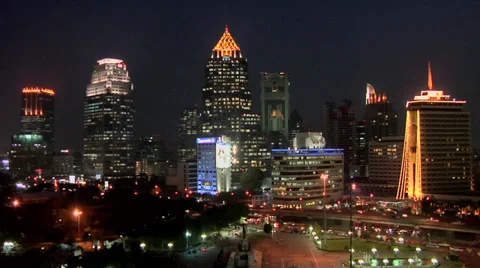 Buildings of Silom (CBD) District along Rama IV Road at Night Bangkok Stock Footage 38608002