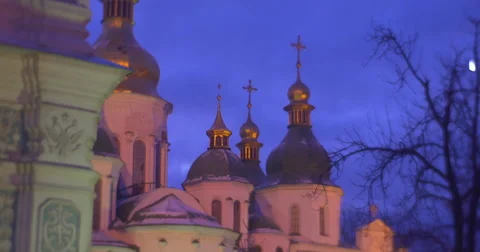 Buildings of a Sofia Cathedral Bare Branches Trees Decorated with Blue Lamp Video stock 58707625