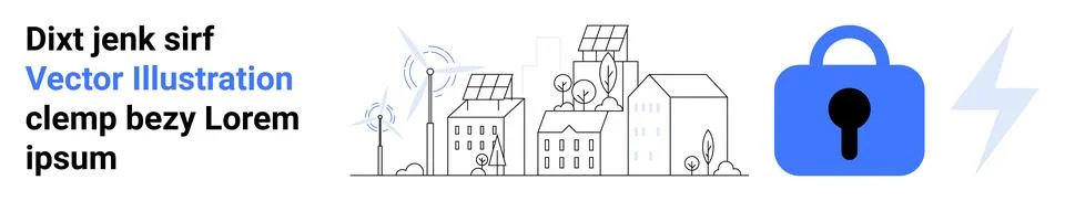 Buildings with solar panels and wind turbines, symbolizing renewable energy.  Ilustración de archivo