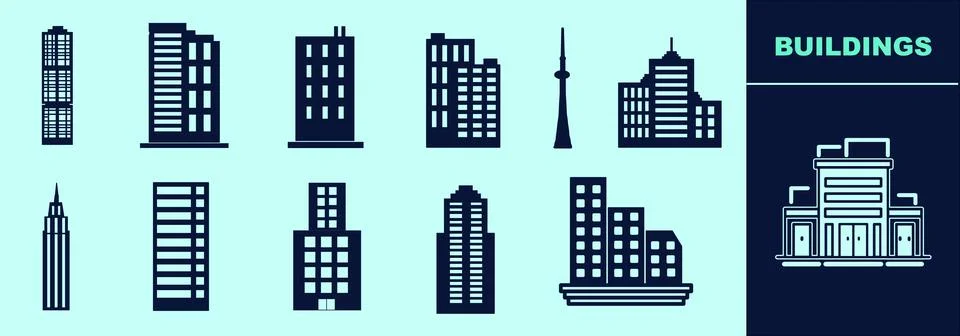 Buildings solid icon set of flats, offices, commercial, residential, etc Stock Illustration
