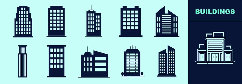 Buildings solid icon set for offices, commercial, residential, etc Stock Illustration
