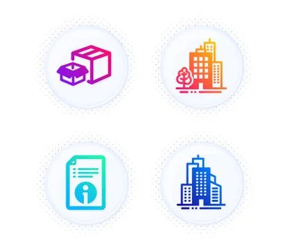 Buildings, Technical info and Packing boxes icons set. Skyscraper buildings sign 스톡 일러스트