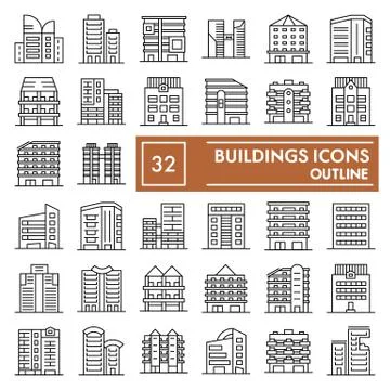 Buildings thin line icon set, hous symbols collection, vector sketches, logo Ilustración de archivo