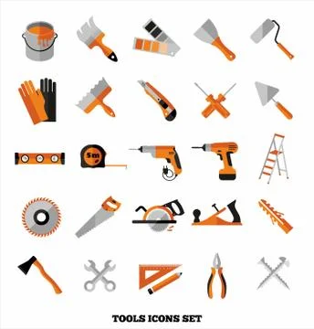 Buildings tools icons set. Flat design symbols. Stock Illustration