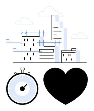Buildings under construction with cranes stopwatch and heart symbol. Ideal fo Ilustración de archivo
