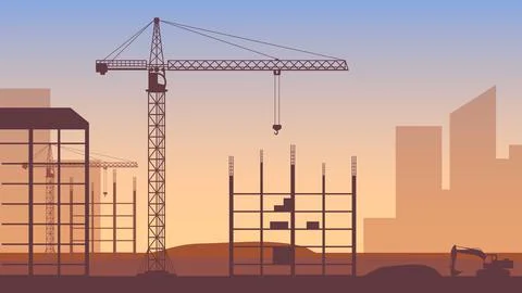 Buildings under construction in process. Construction cranes over buildings.. Stock Illustration