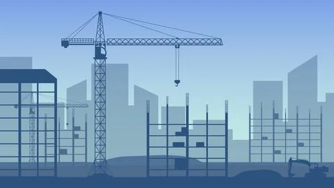 Buildings under construction in process. Construction cranes over buildings.  Stock Illustration