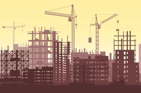 Buildings under construction in process. Urban construction site with cranes and Ilustración de archivo