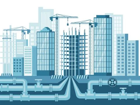 Buildings under construction, in progress. Construction cranes above building Ilustración de archivo