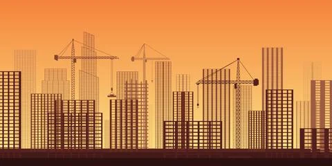 Buildings under construction. Work process on site with cranes and skyscraper Stock Illustration