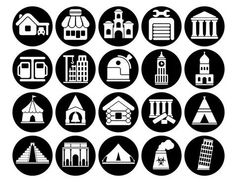 Buildings vector icons set, architectural building modern solid symbol collec Ilustración de archivo