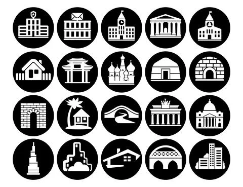Buildings vector icons set, architectural building modern solid symbol collec Stock Illustration