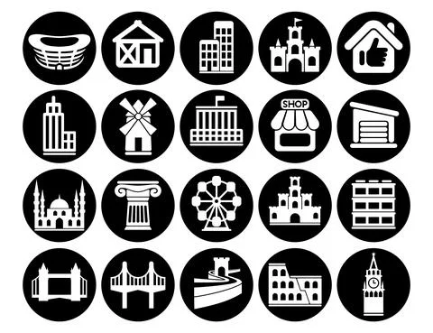 Buildings vector icons set, architectural building modern solid symbol collec Stock Illustration