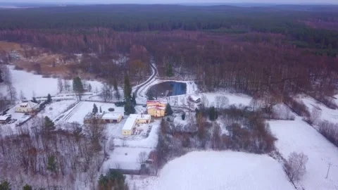 Buildings in winter forest from drone. Stock Footage 168308778