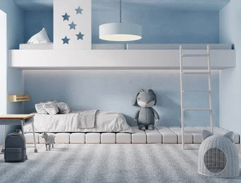 Built-in bunk bed for kids or children room in blue pastel and white tone c.. Stock Illustration