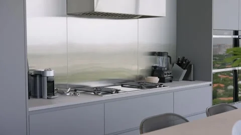 Built in desktop of stylish kitchen with powerful hood installed above cooking Stock-Footage 282256460