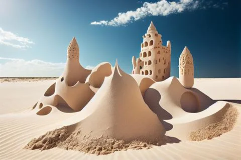 Built House sand castle with towers on the south shore of the sandy beach blue Stock Illustration