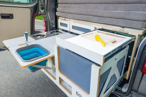 Built-in kitchen in a van Stock Photos