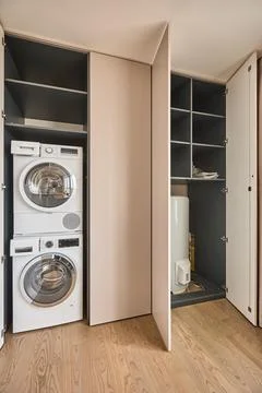 Built in utility cabinets with laundry and boiler Stock Photos