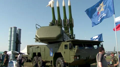 Buk-M1 medium-range anti-aircraft missile systems in Static parking MAKS-2011. Stock Footage 200815236
