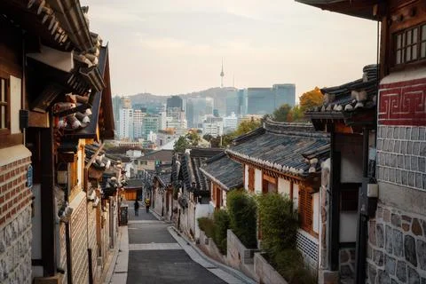 Bukchon Asian Cultural Art Skyline of Seoul, South Korea, taken Stock Photos