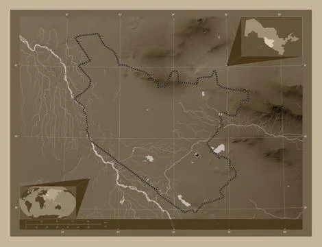 Bukhoro, Uzbekistan. Elevation map colored in sepia tones with lakes and rive Stock Illustration
