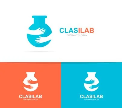 Bulb and hands logo combination. Lab bottle and embrace symbol or icon. Unique Stock Illustration