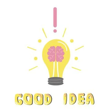 Bulb with brain, good idea creative concept with text, isolated on white Stock Illustration