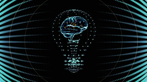 Bulb with a brain inside, concept design in blue. Digital animation. Stock Footage 61602558