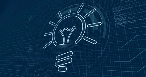 Bulb concept contour 3d symbol on blueprint scheme Stock Footage 334780207