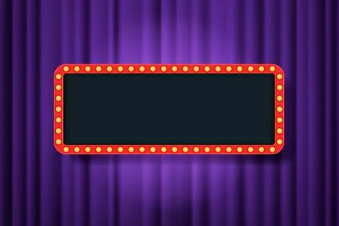 Bulb frame with empty space on purple theater curtains background. Vector des 库存插图