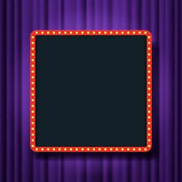 Bulb frame with empty space on purple theater curtains background. Vector des イラスト素材
