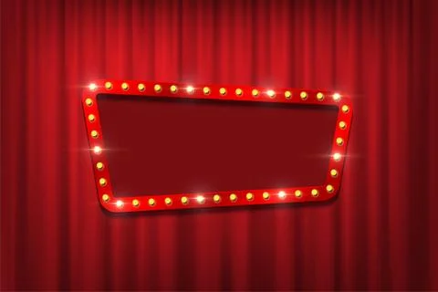 Bulb frame with empty space on red curtains background. Vector design element. Stock Illustration