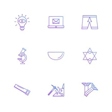 Bulb, laptop, email , shorts . microscope , bowl , star , saw , axe , screw , Stock Illustration
