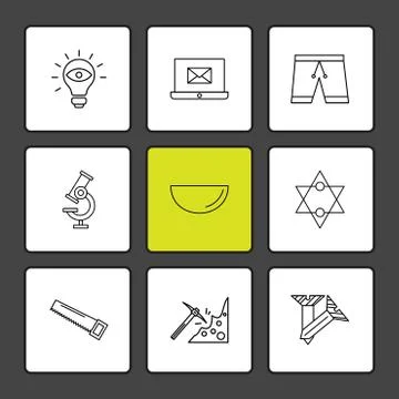 Bulb, laptop, email , shorts . microscope , bowl , star , saw , axe , screw , Stock Illustration