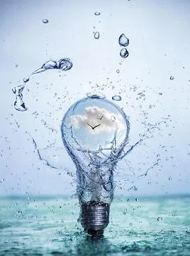 Bulb Led lamp with birds inside with water splashes. Stock Photos