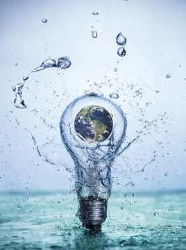 Bulb Led lamp with the Earth inside with water splashes. Stock Photos