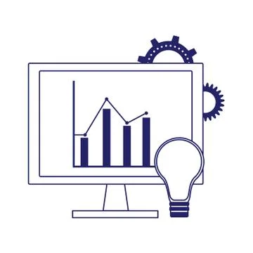 Bulb light and computer with graphic chart on screen, flat design Illustrazione stock