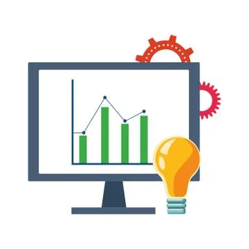 Bulb light and computer with graphic chart on screen, colorful design Illustrazione stock
