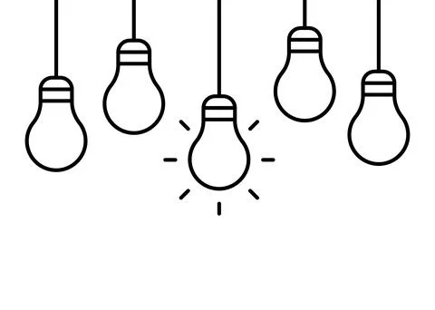 Bulb light hanging with glowing one lamp, line icon. Lightbulb symbol as idea Stock Illustration