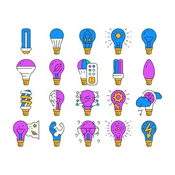 Bulb Lighting Electric Accessory Icons Set Vector Stock Illustration