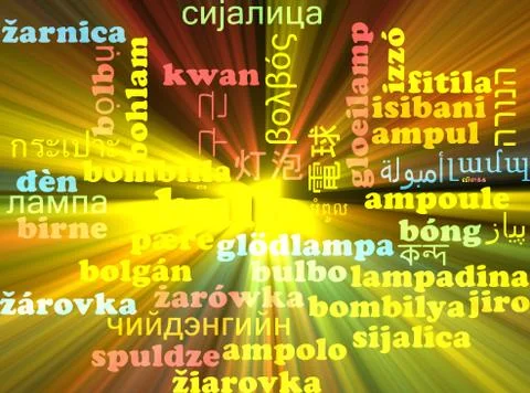 Bulb multilanguage wordcloud background concept glowing Stock Illustration