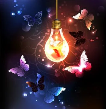 Bulb with night butterflies Stock Illustration