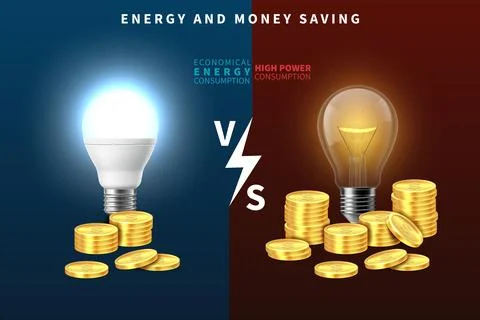 Bulb vs led comparing. Energy and money saving banner. Realistic fluorescent Stock Illustration